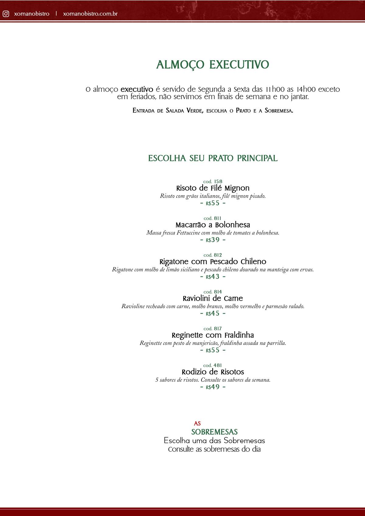Xomano Bistrô cardápio
