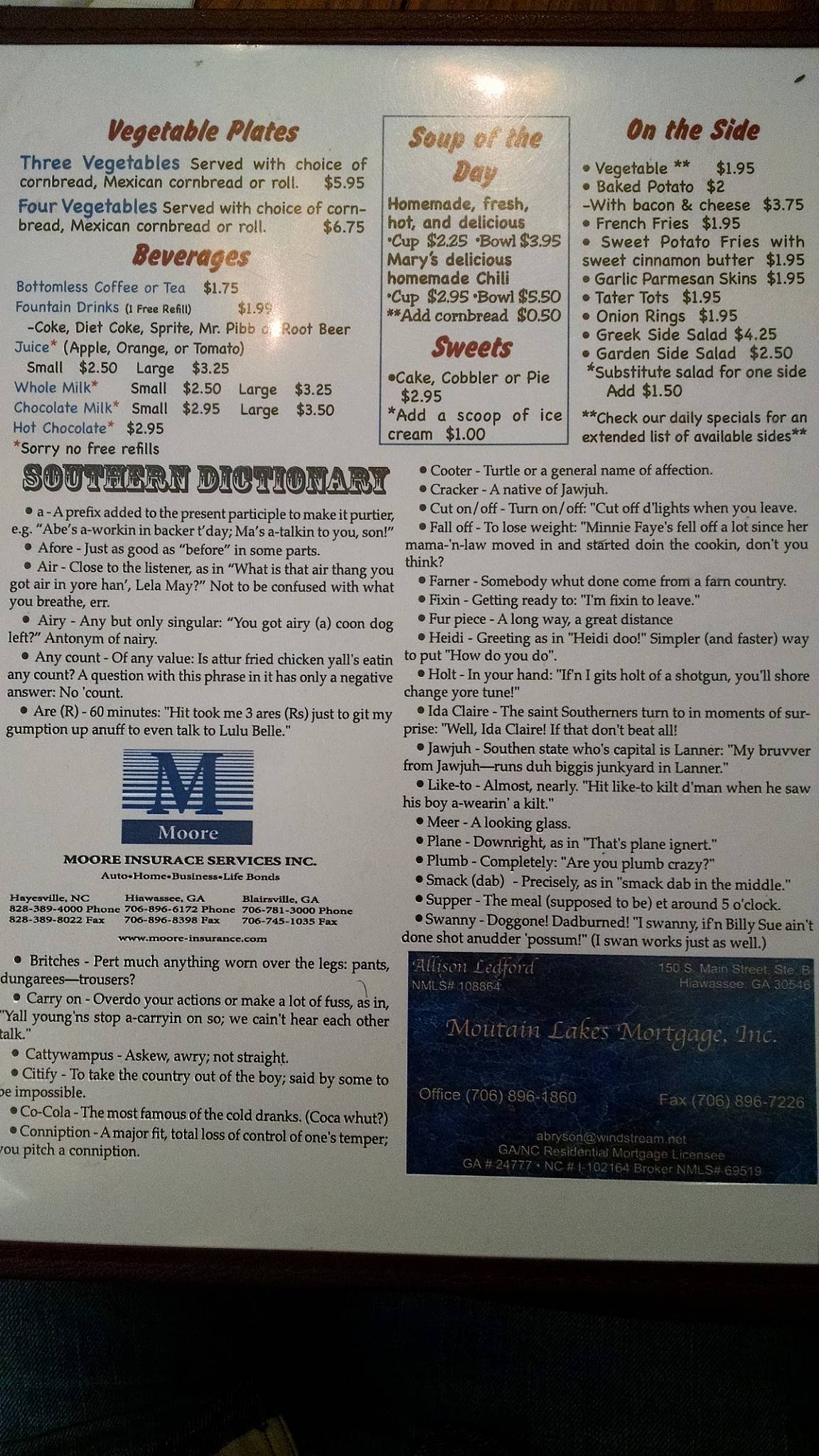 Menu at Mary's Southern Grill restaurant, Young Harris