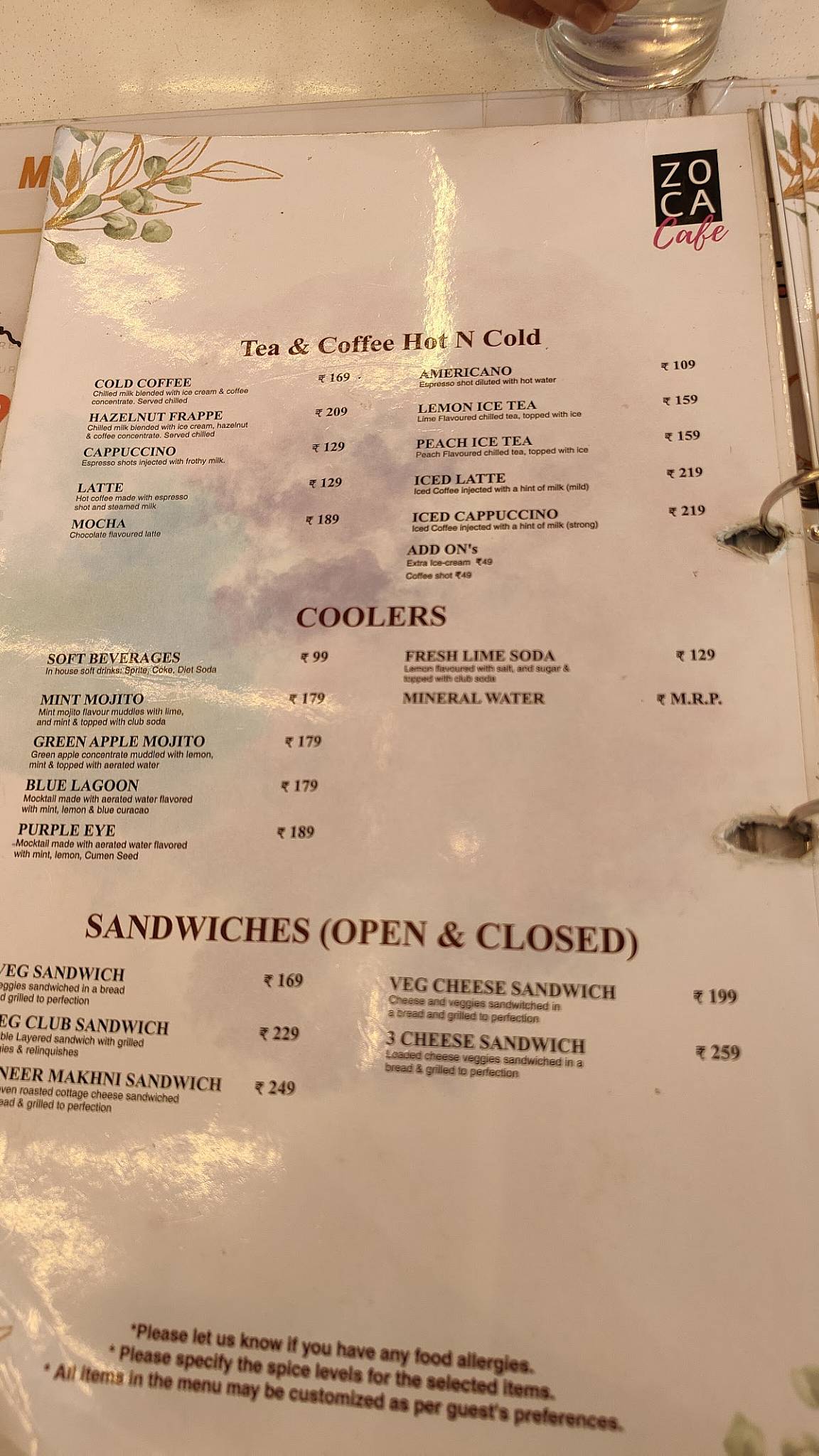 ZOCA Cafe menu