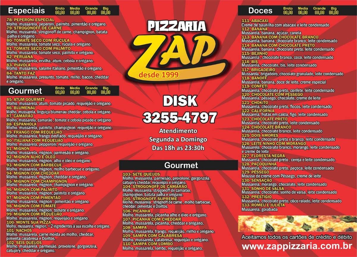Zap Pizzaria cardápio