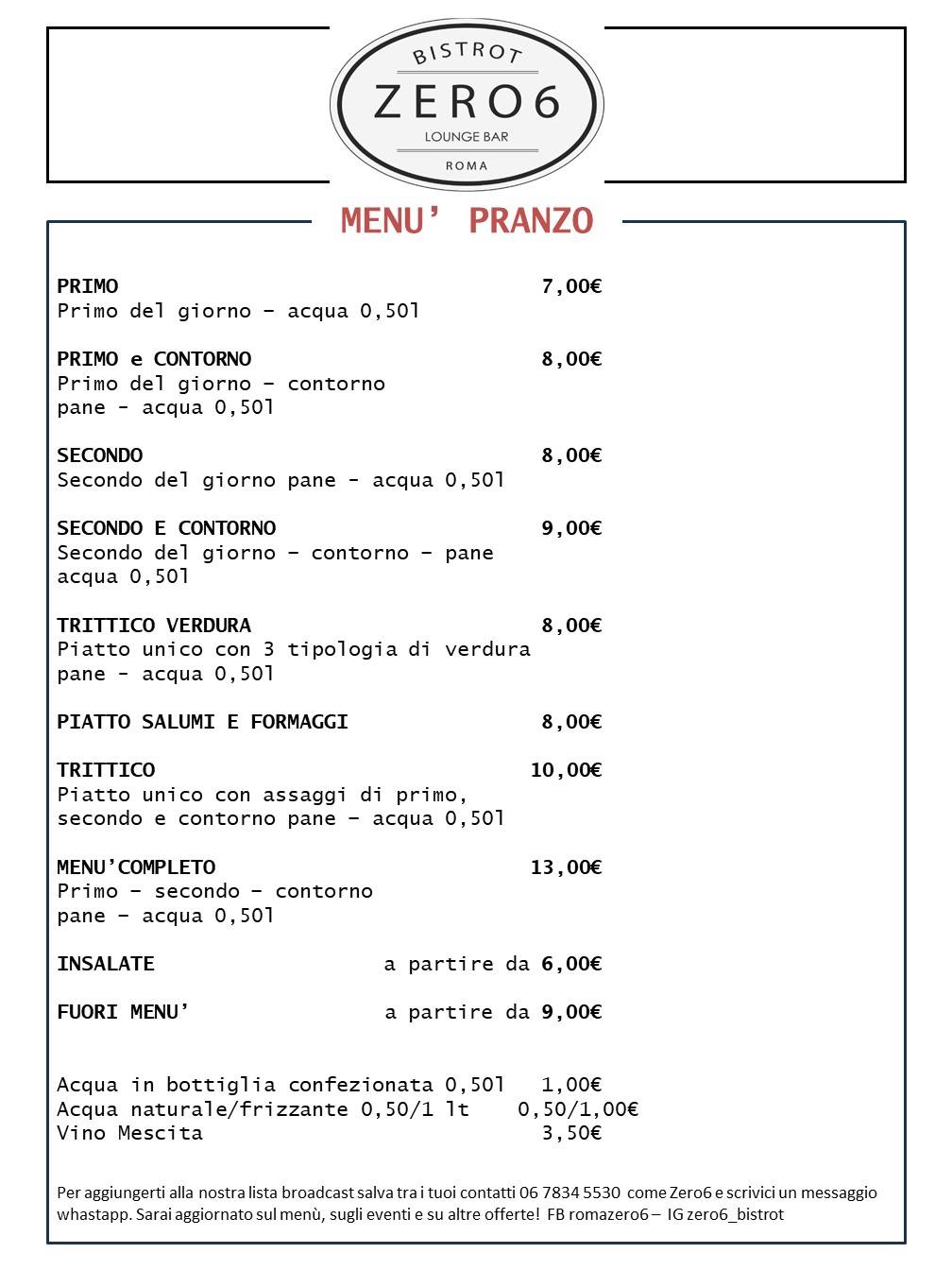 Menu di Zero6 Bistrot 