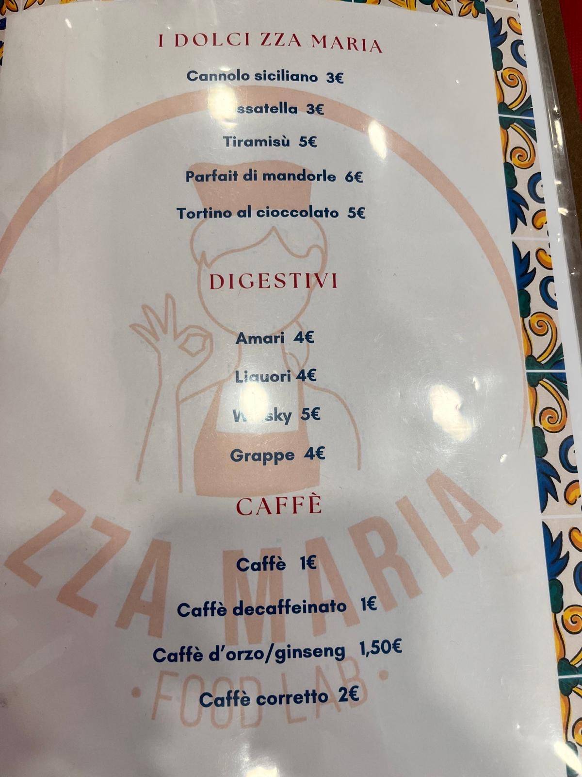 Menu di Zza Maria 