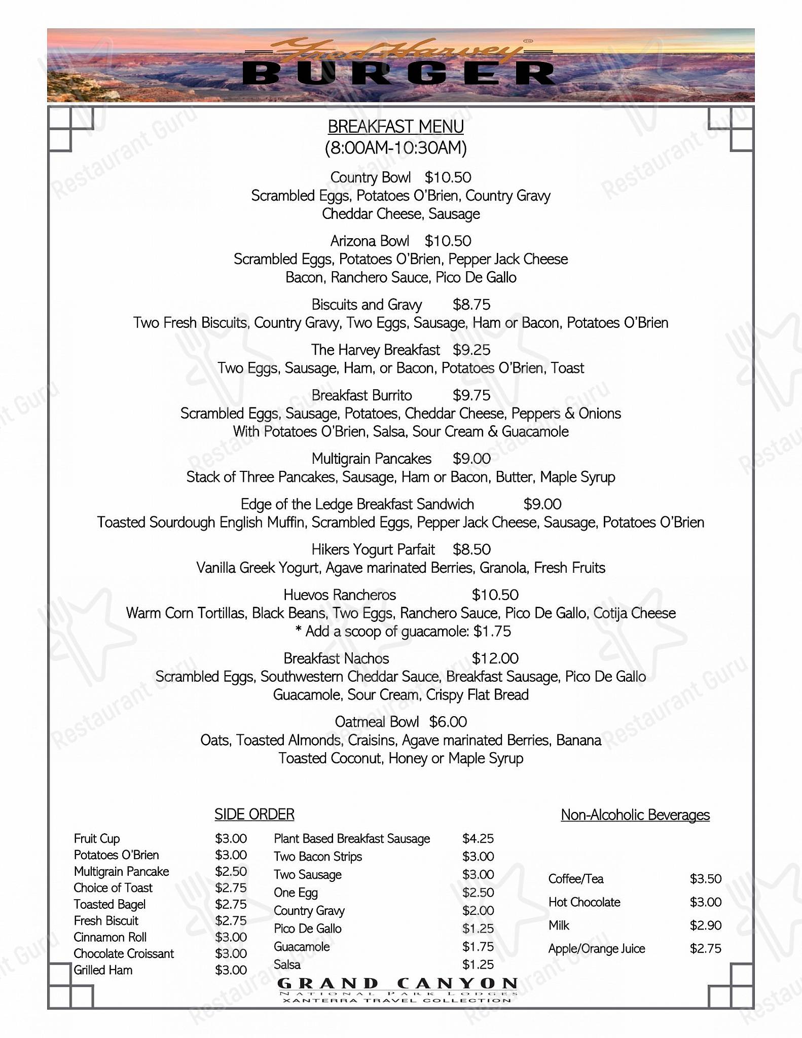 Menu at Harvey House Cafe, Grand Canyon Village