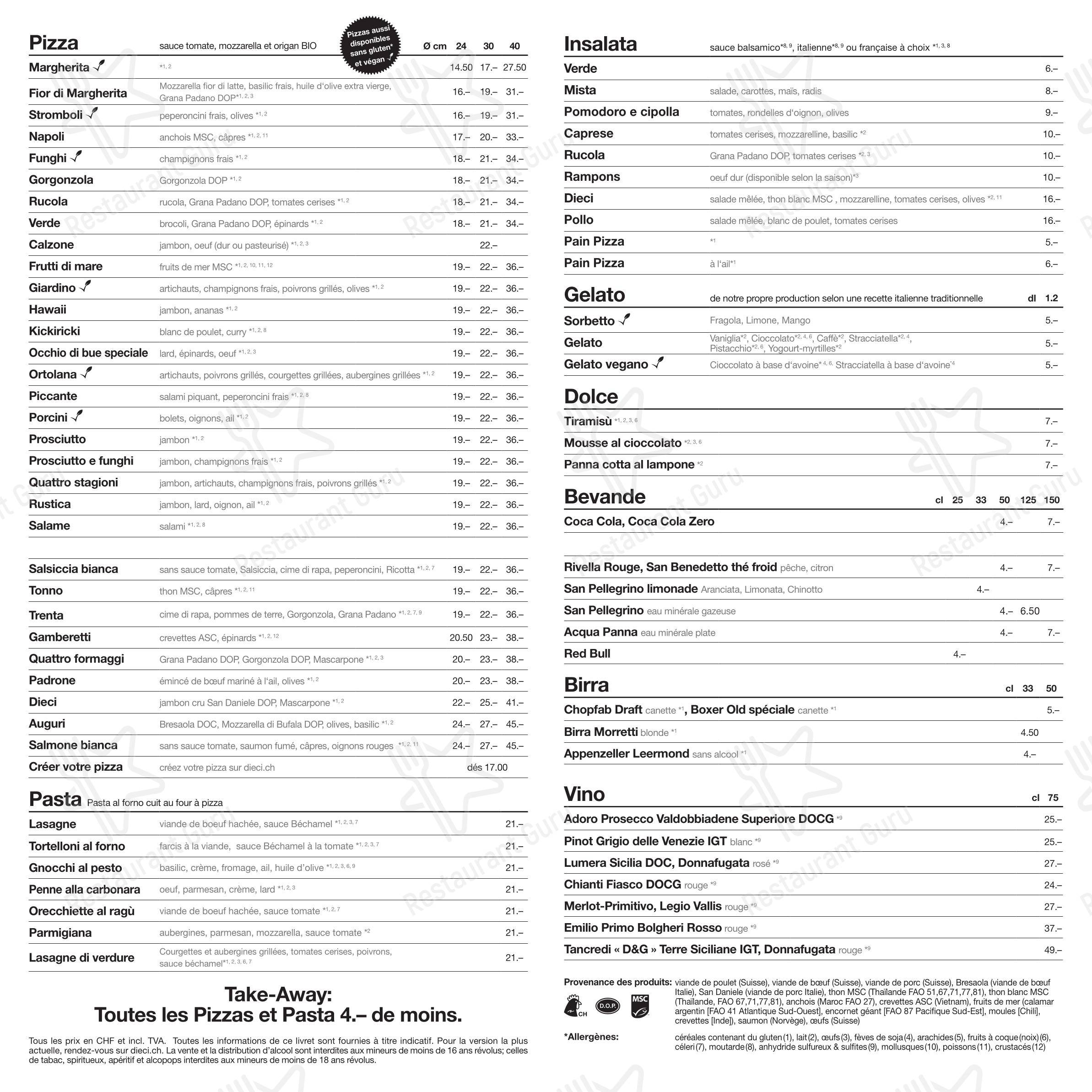 dieci Pizza Lausanne Est-Pully dans Pully - Menu