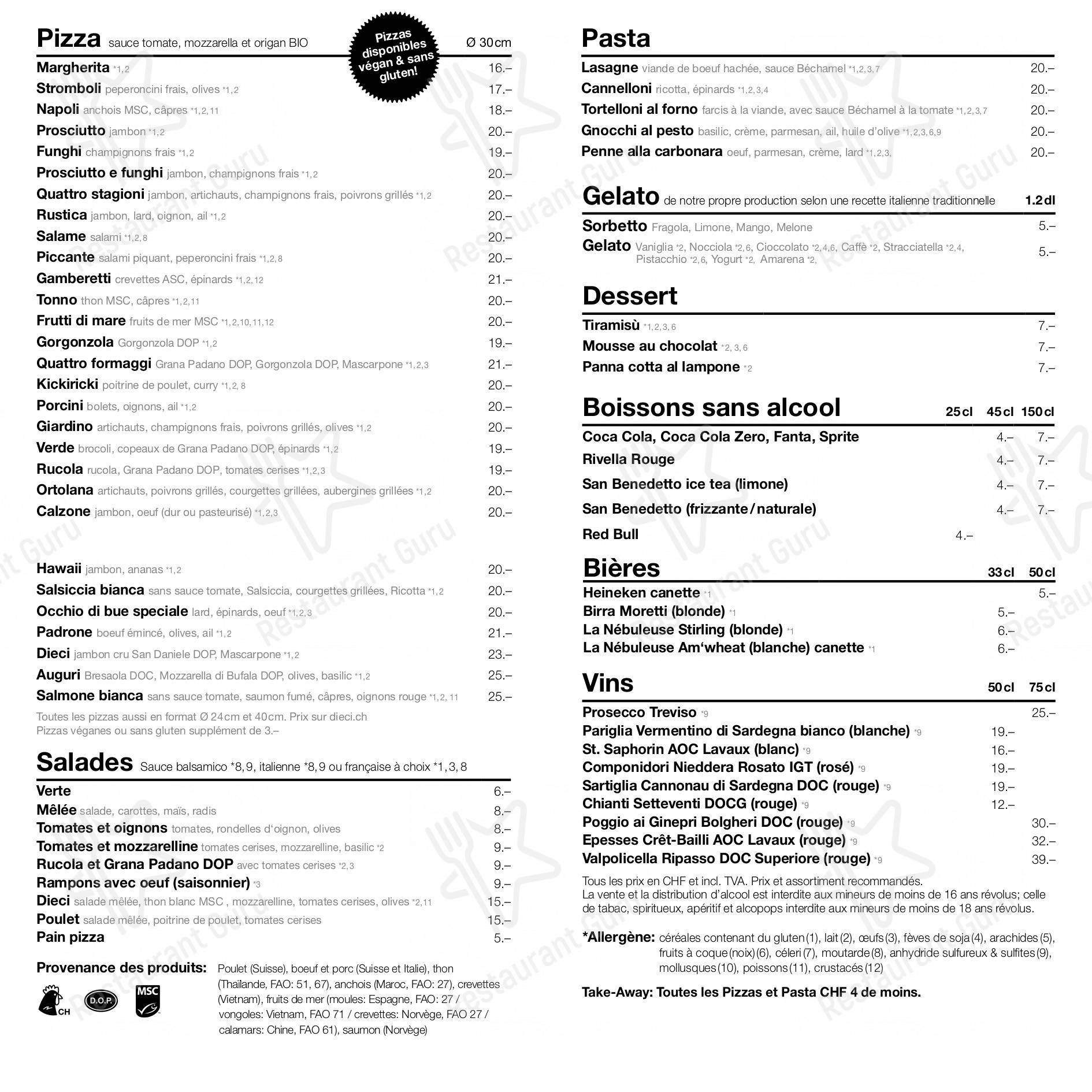 Основное меню pour dieci Pizza Lausanne Est-Pully dans Pully