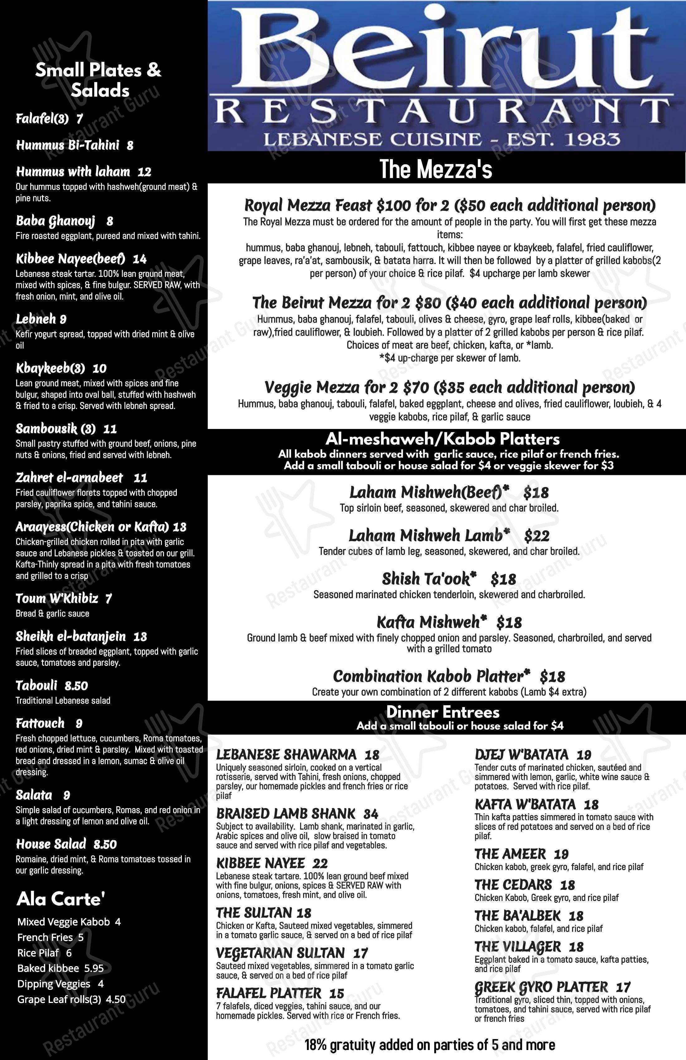 Menu at Beirut Restaurant, West Saint Paul