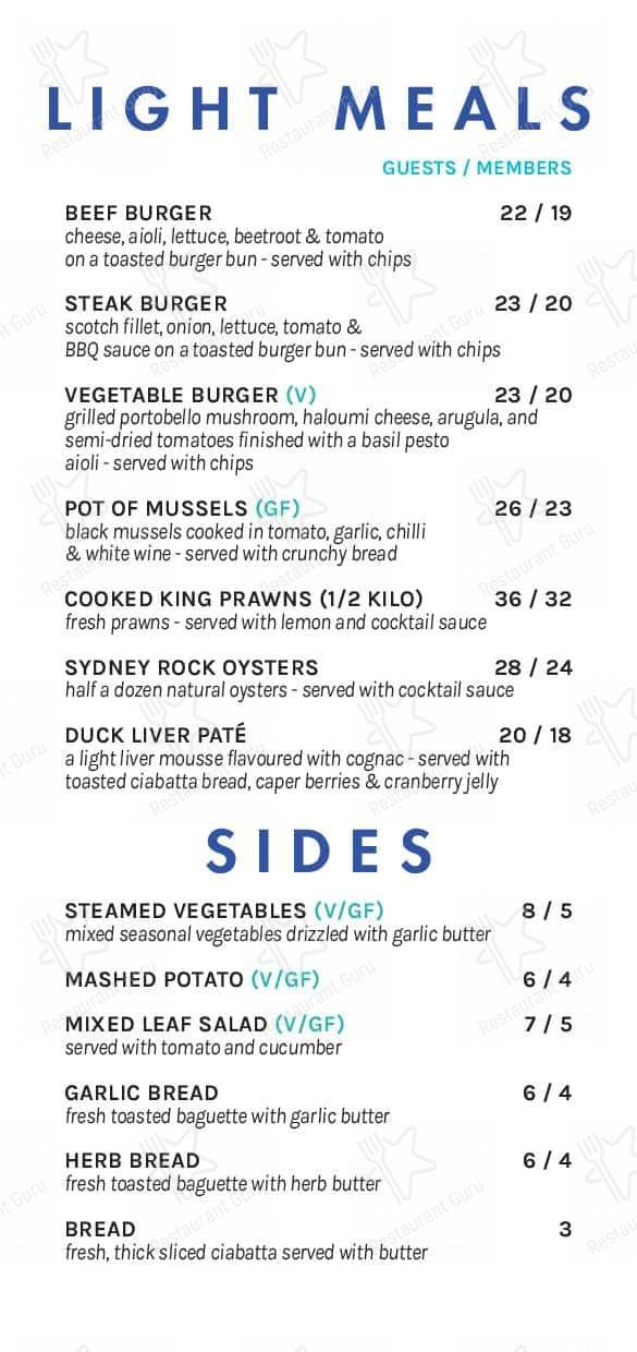 Bondi Icebergs Swimming CLUB menu