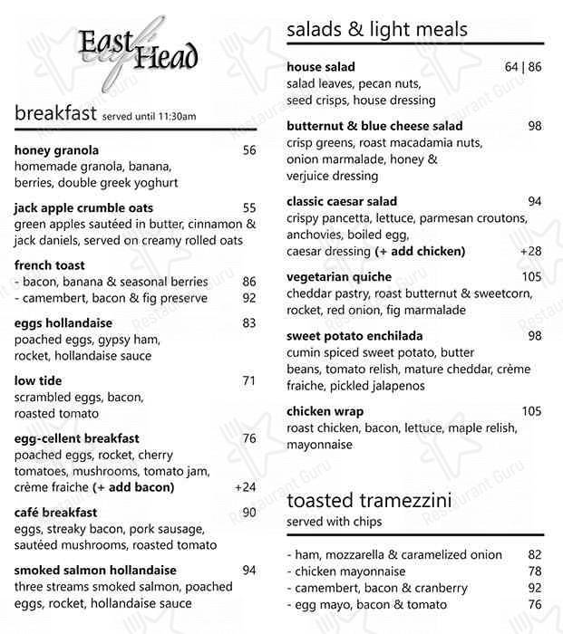 Menu at East Head Café Knysna restaurant, Knysna