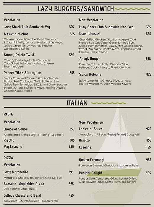 Lazy Shack menu