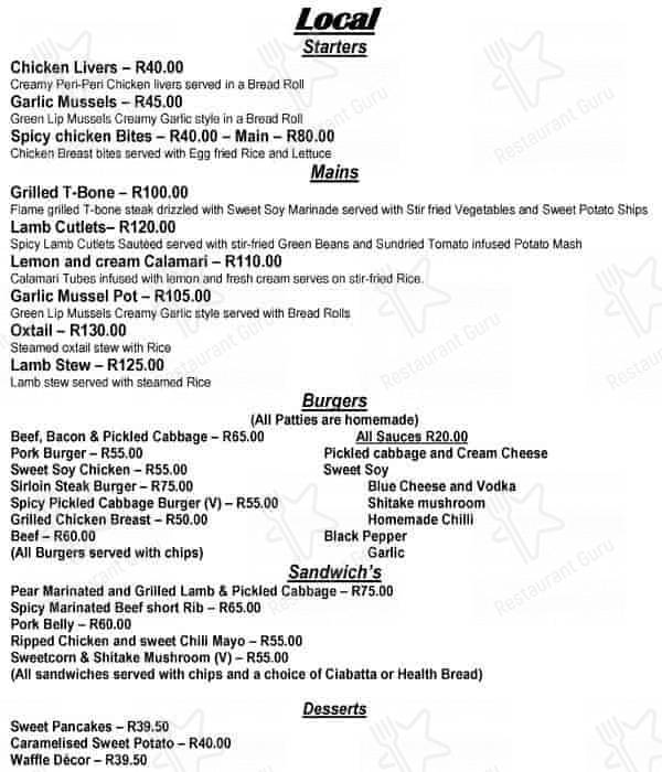 Menu at Propaganda restaurant, Pretoria