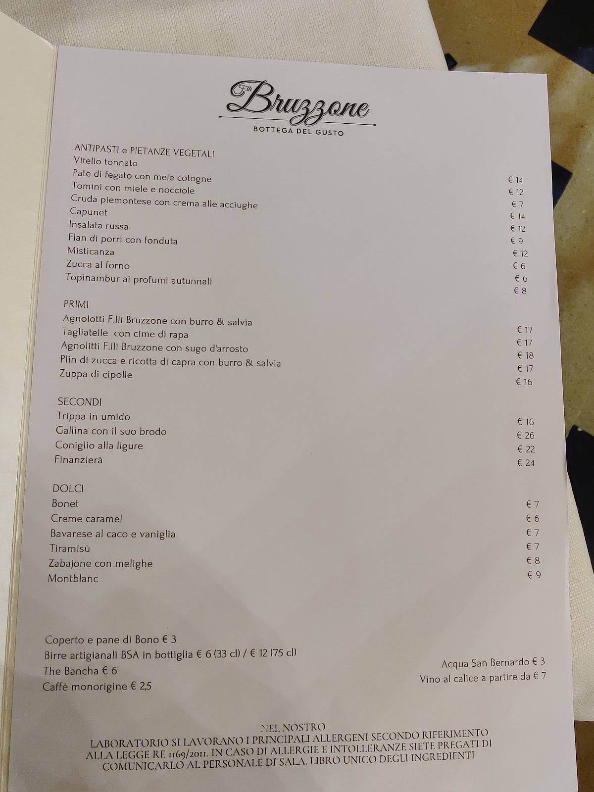 Menu di fratelli bruzzone trattoria 