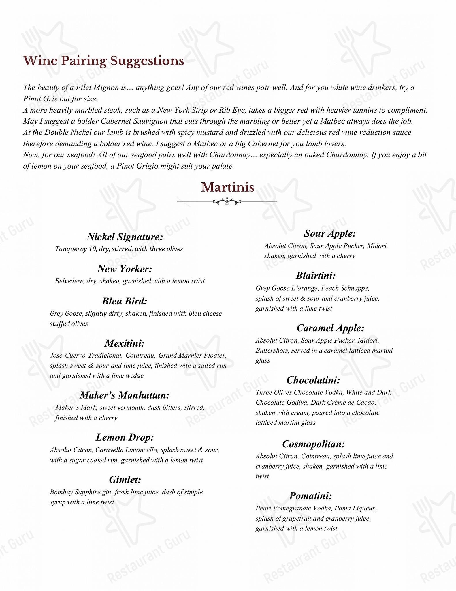 Menu at Double Nickel Steakhouse, Lubbock