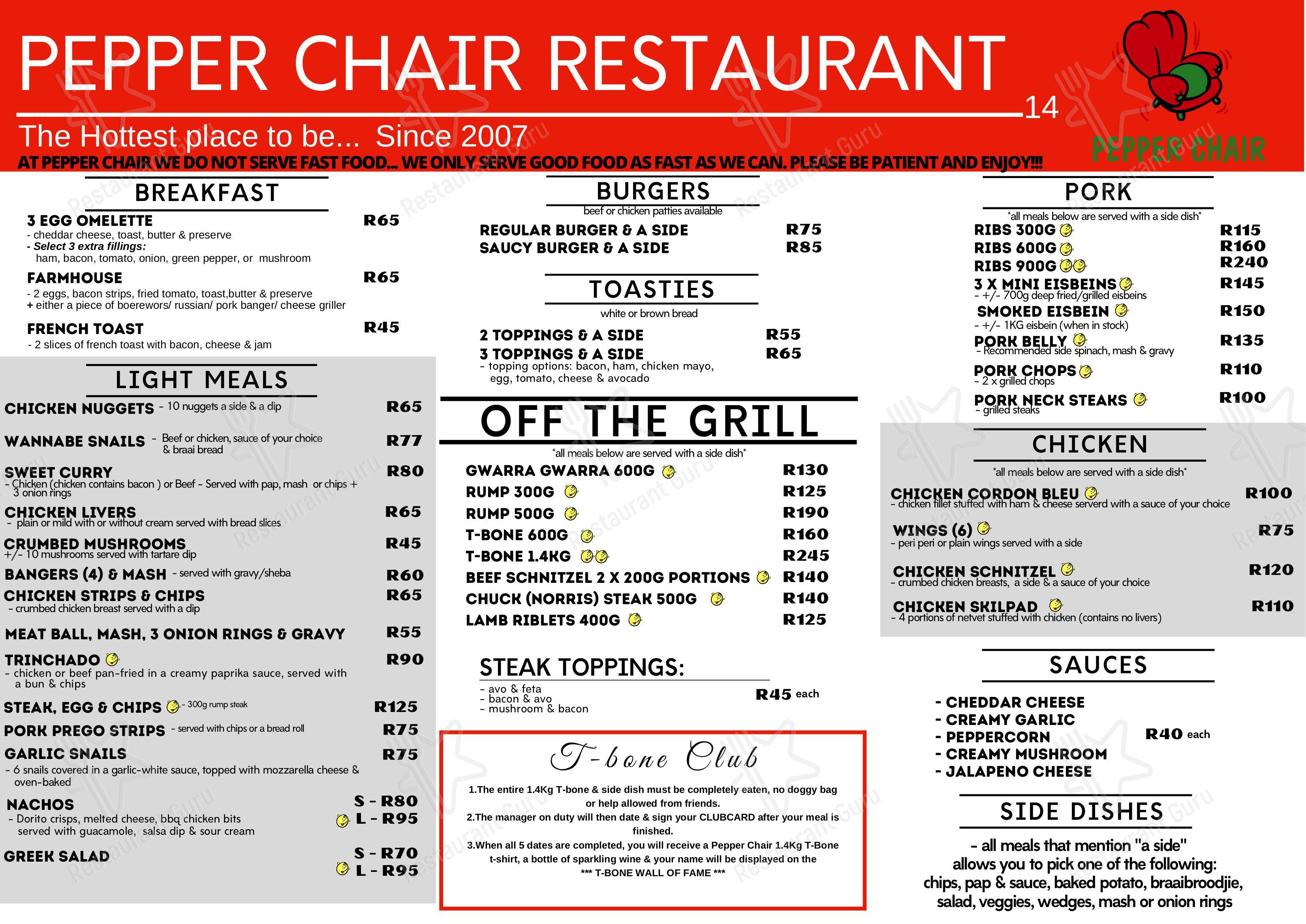 Menu at Pepper Chair Restaurant, Centurion
