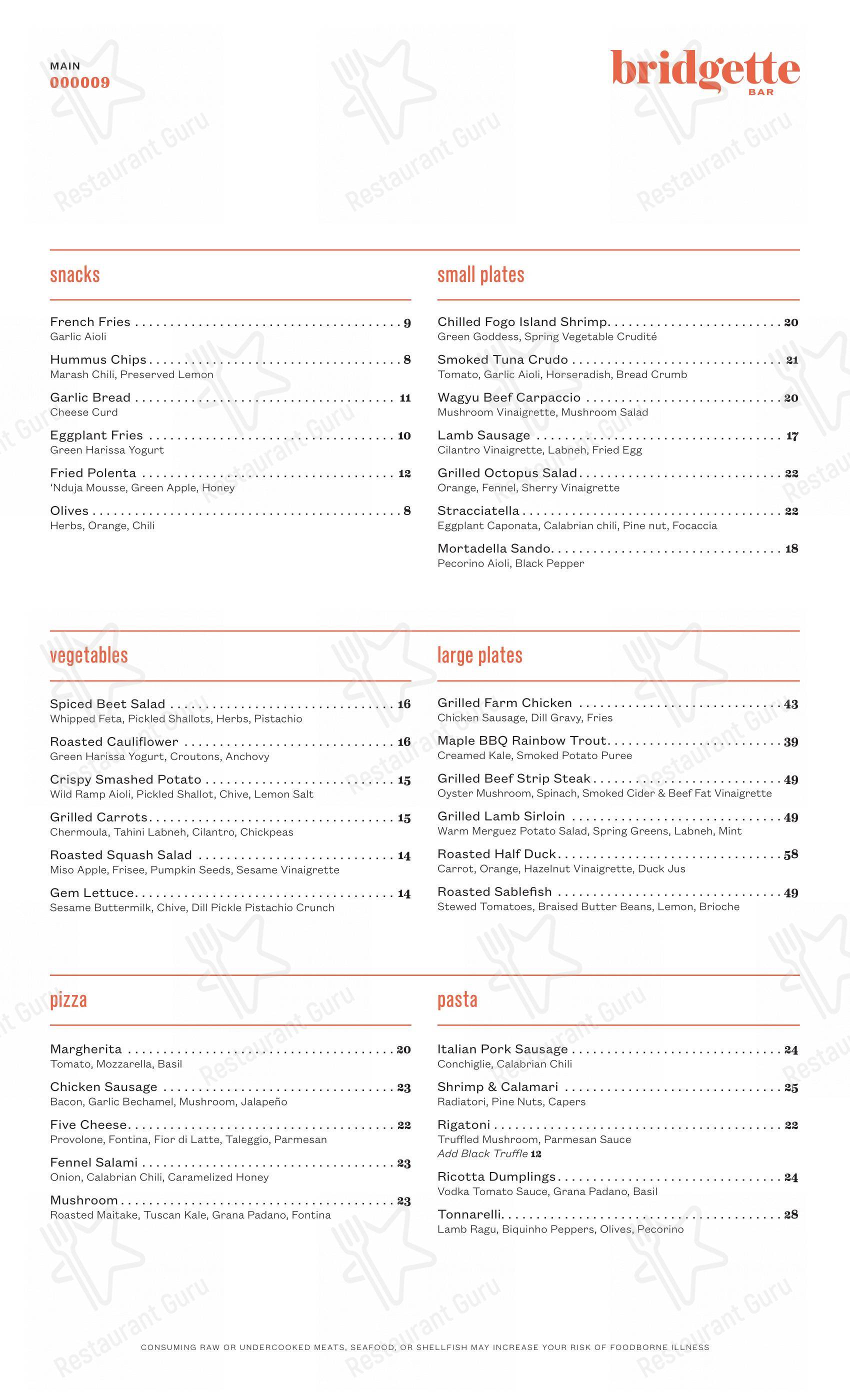 Menu pour Bridgette Bar dans Calgary