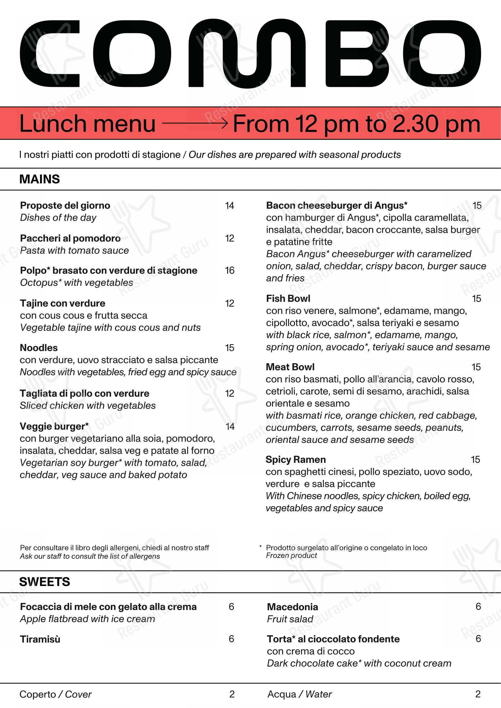 Menu di Combo, Milano - Menu