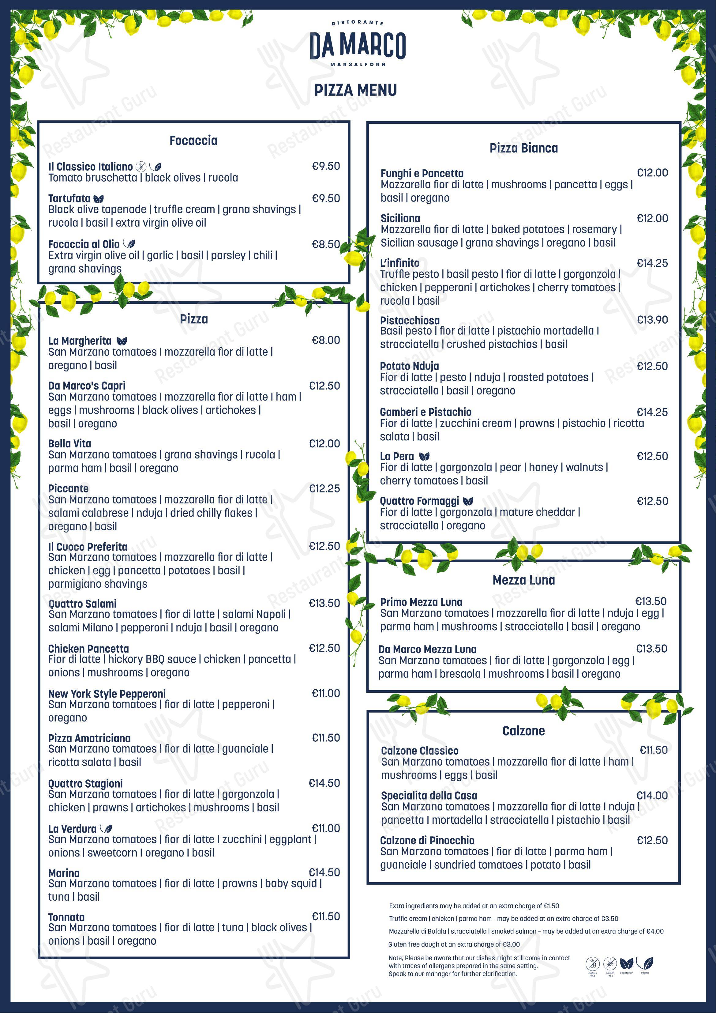 Menu bar pour Da Marco Ristorante restaurant