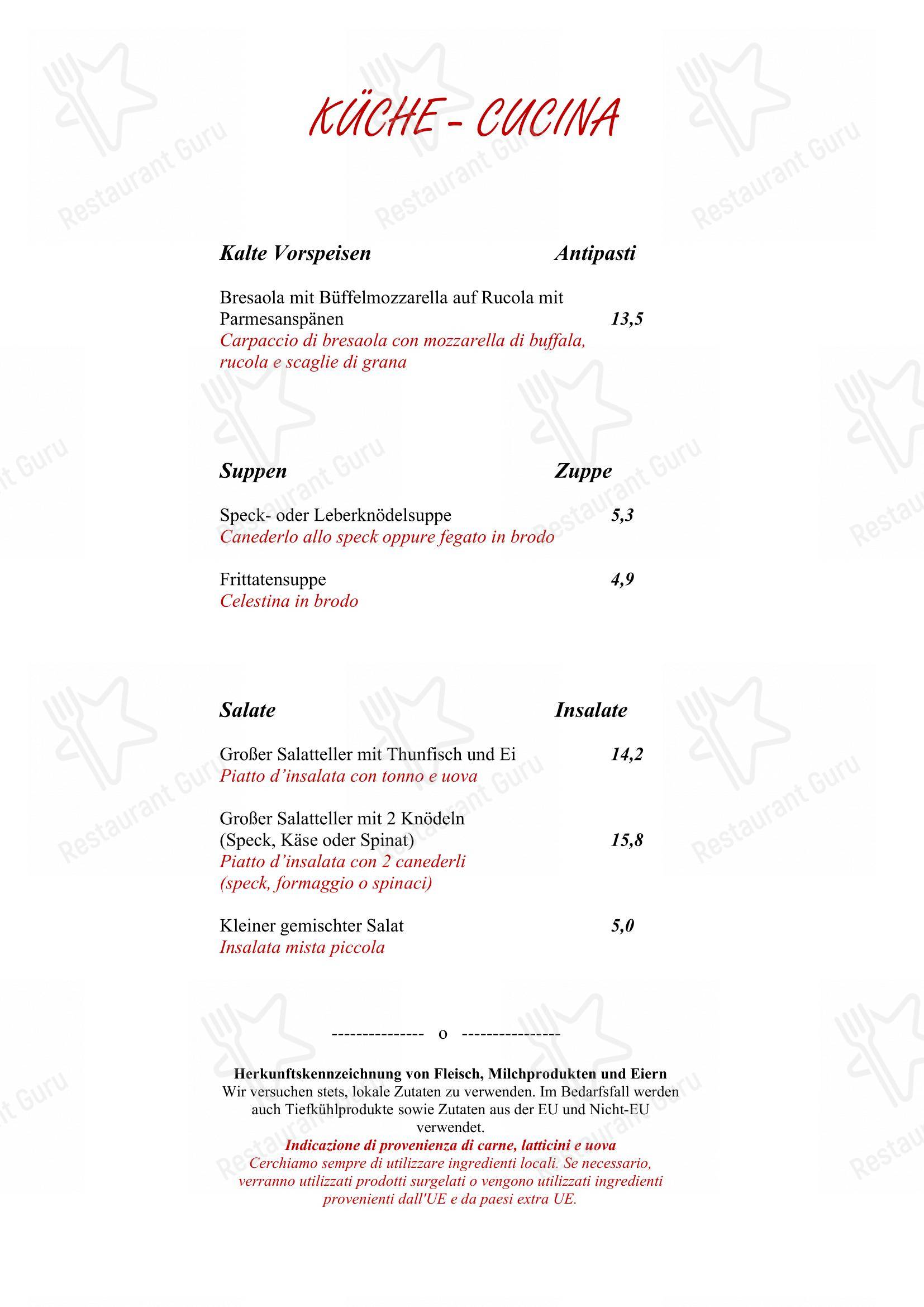 Gasthof Pizzeria Tanner Des Reiterer Karl in Merano - Menu