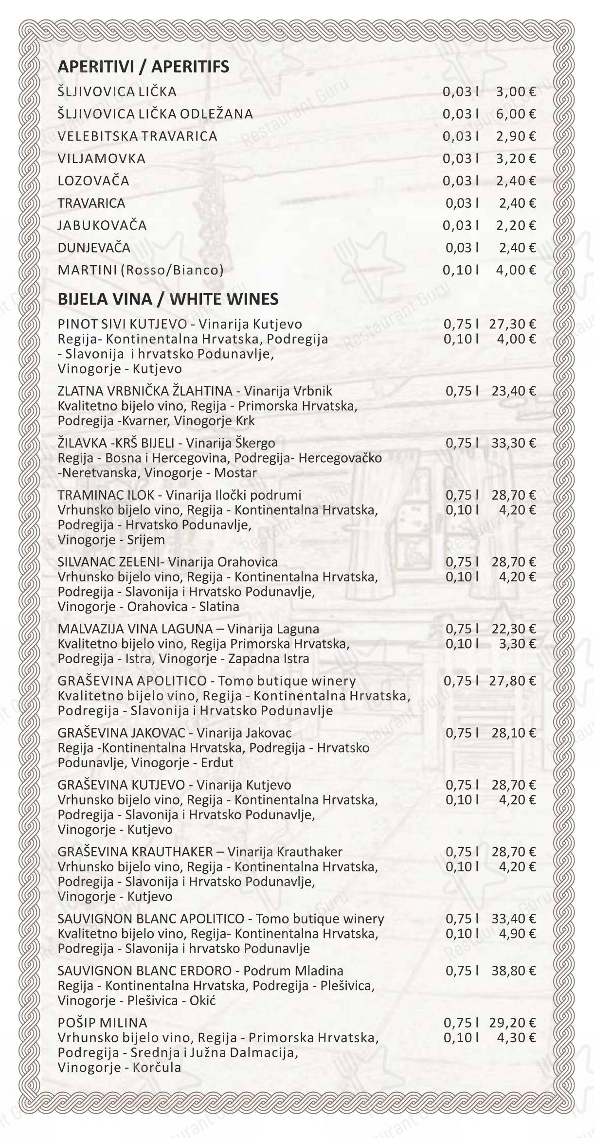 Menu pour Lička kuća Restaurant - Plitvice Lakes - 菜单