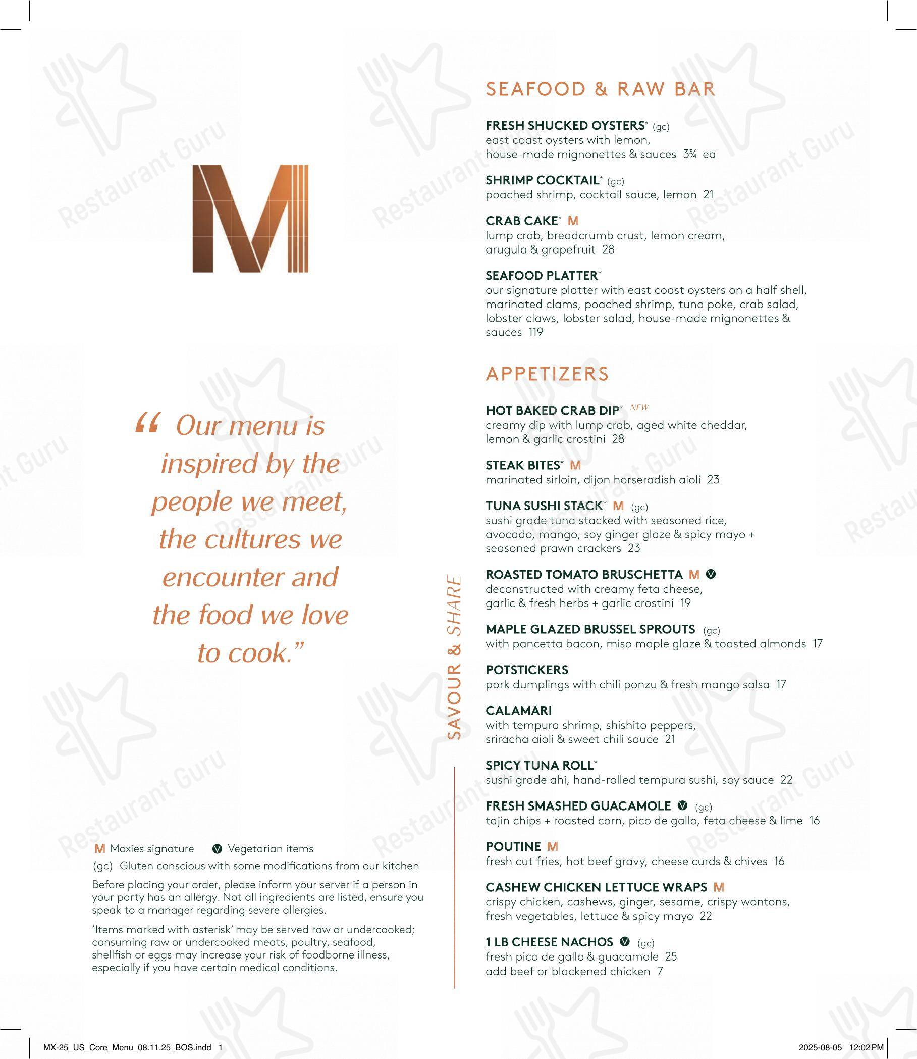 Menu pour Moxies Polo Park Restaurant restaurant à viande