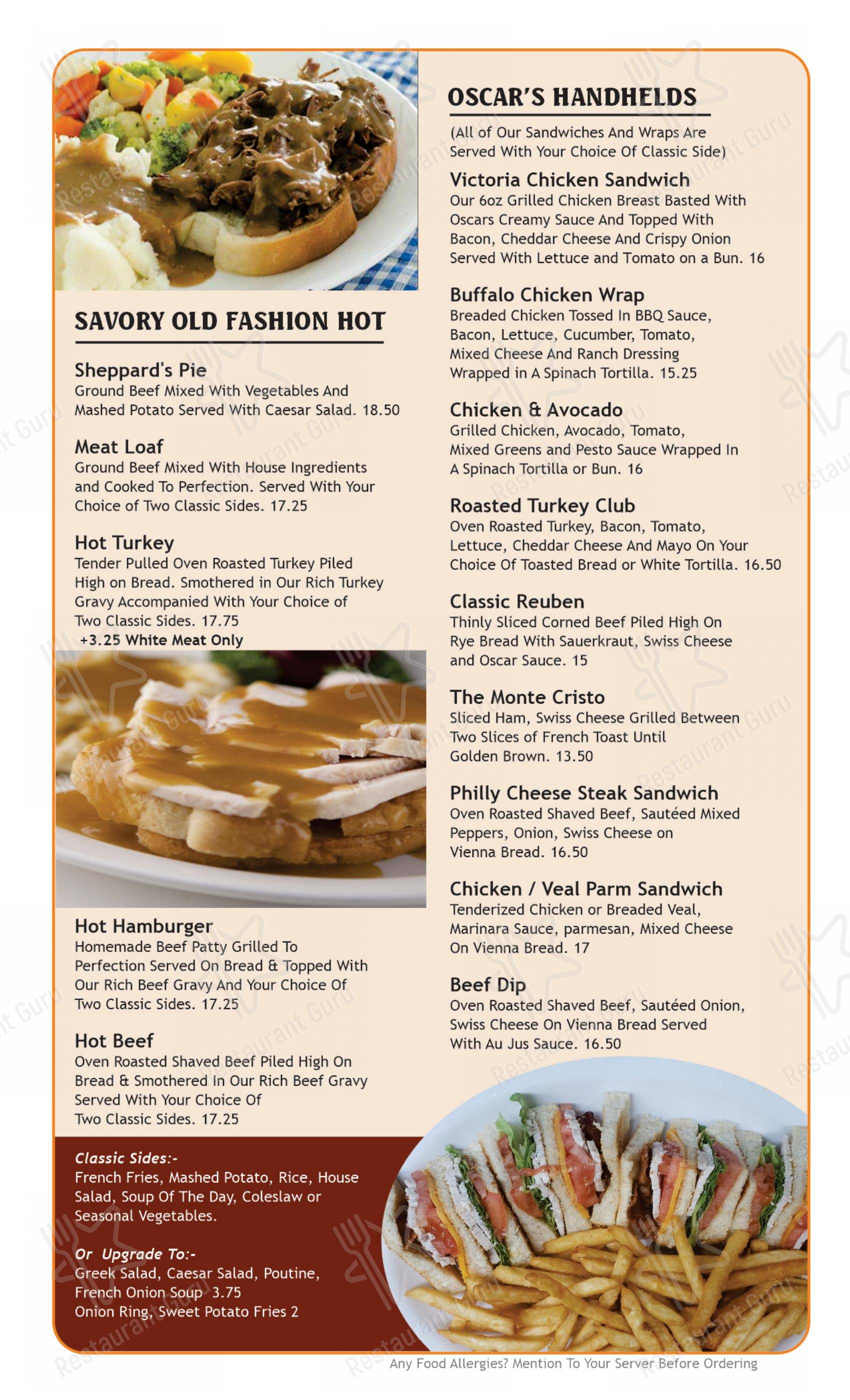 Menu bar pour Oscar's Family Diner & Grill restaurant