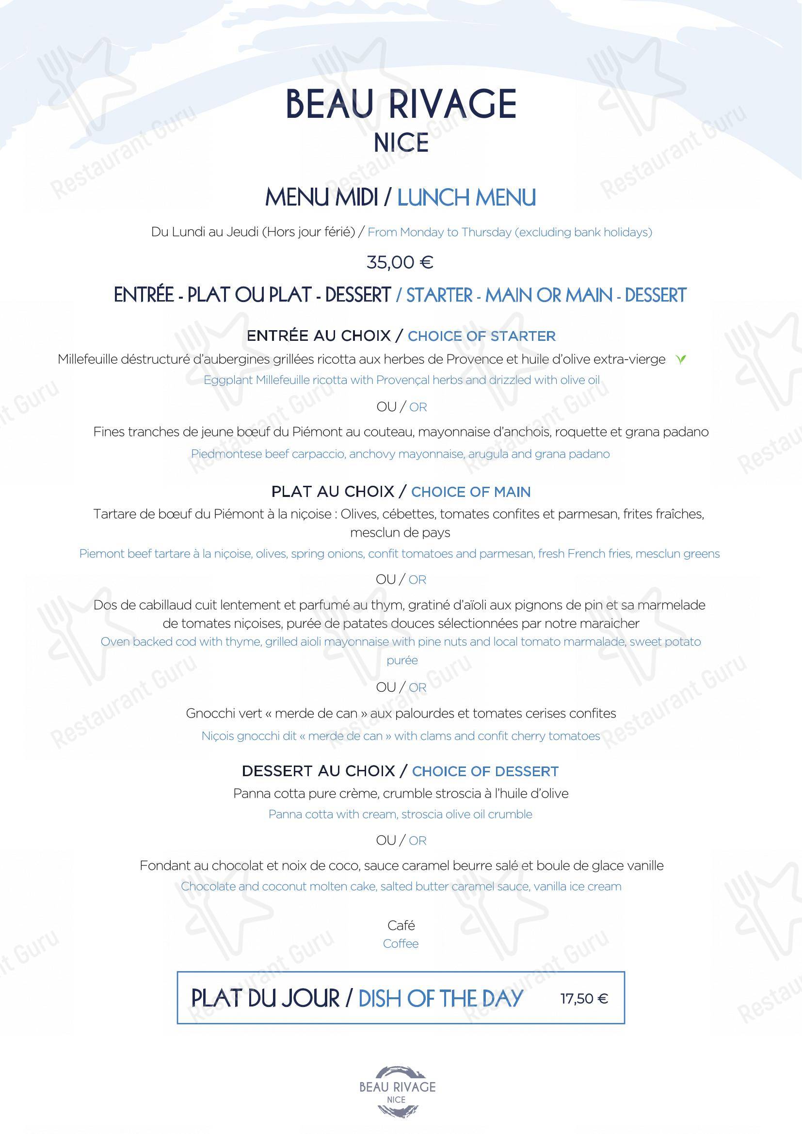 Menu pour Plage Beau Rivage Nice dans Nice