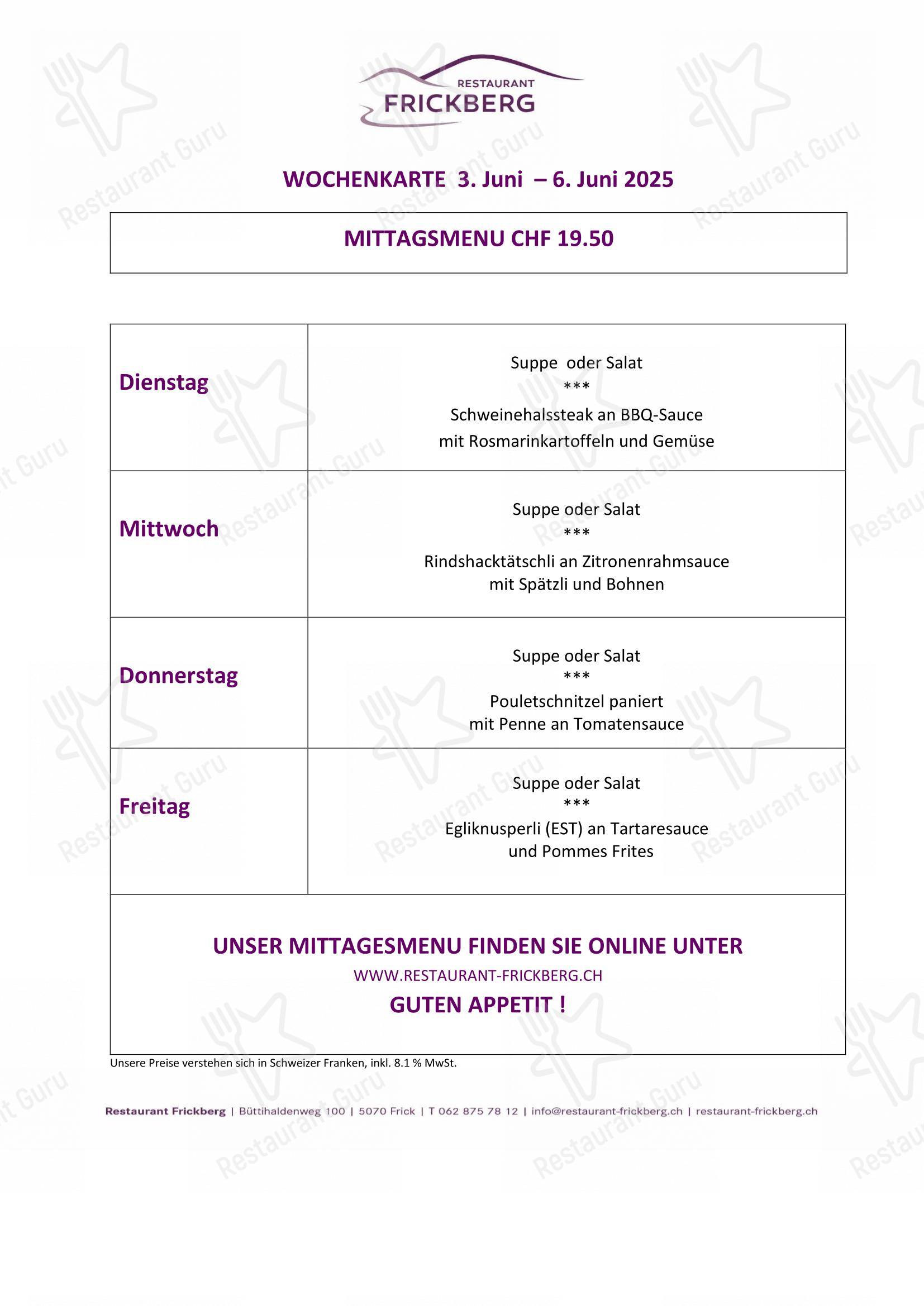 Lunch Menu per Restaurant Frickberg in Frick