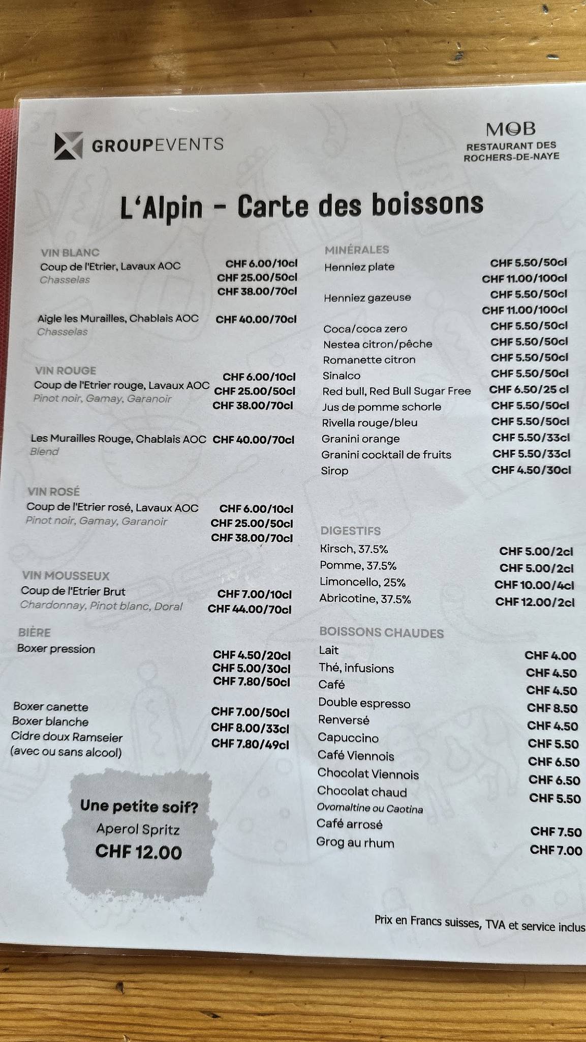 Menu de Restaurant des Rochers-de-Naye