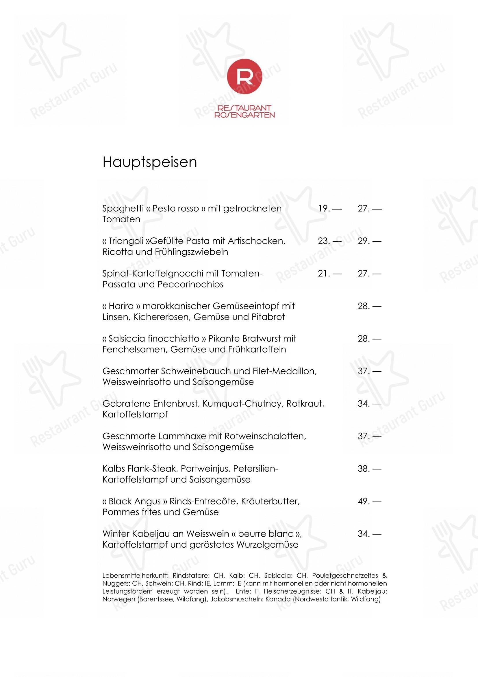 Menu pour Restaurant Rosengarten - Menu