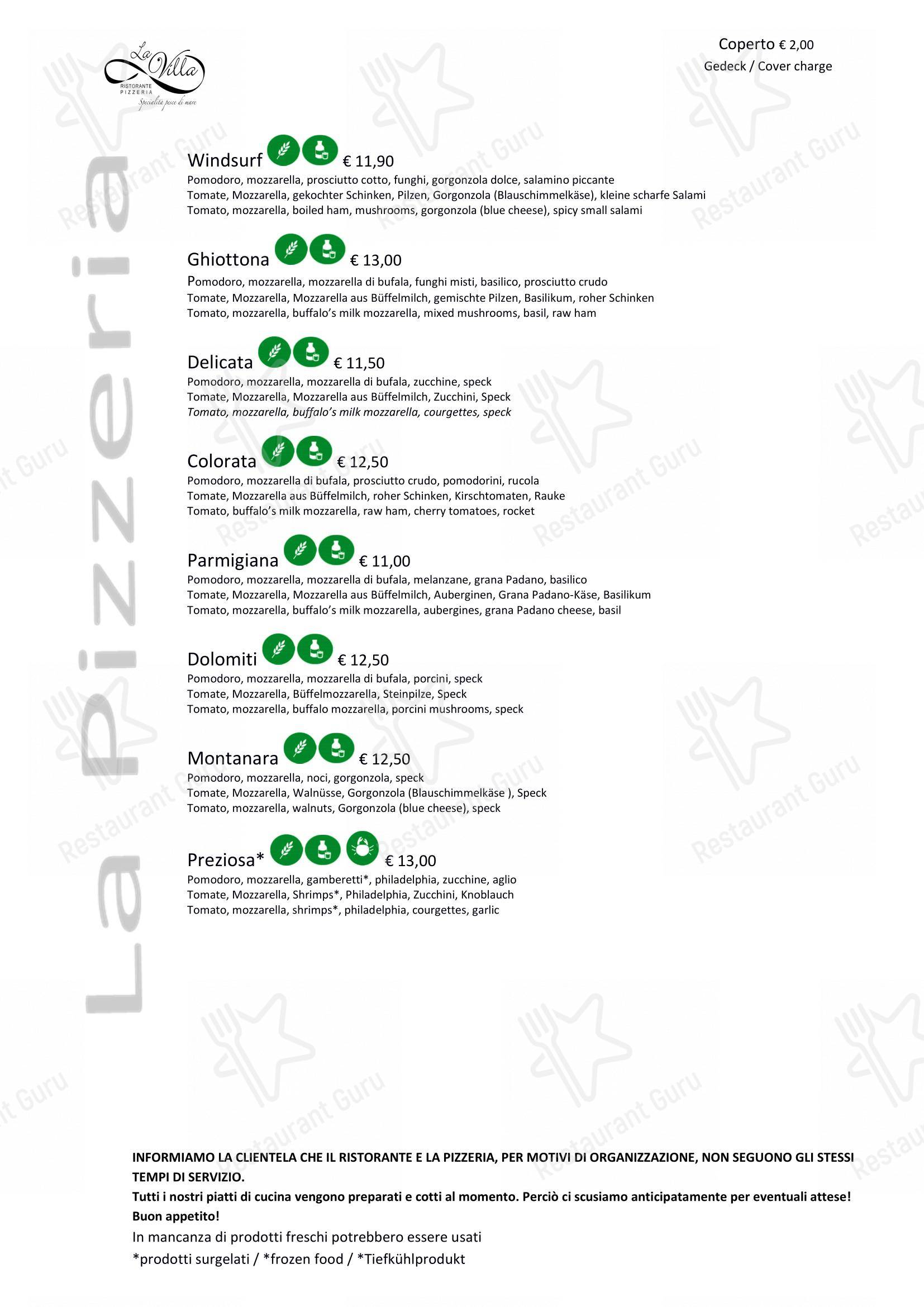 Menu di Ristorante Pizzeria La Villa - Menu bar