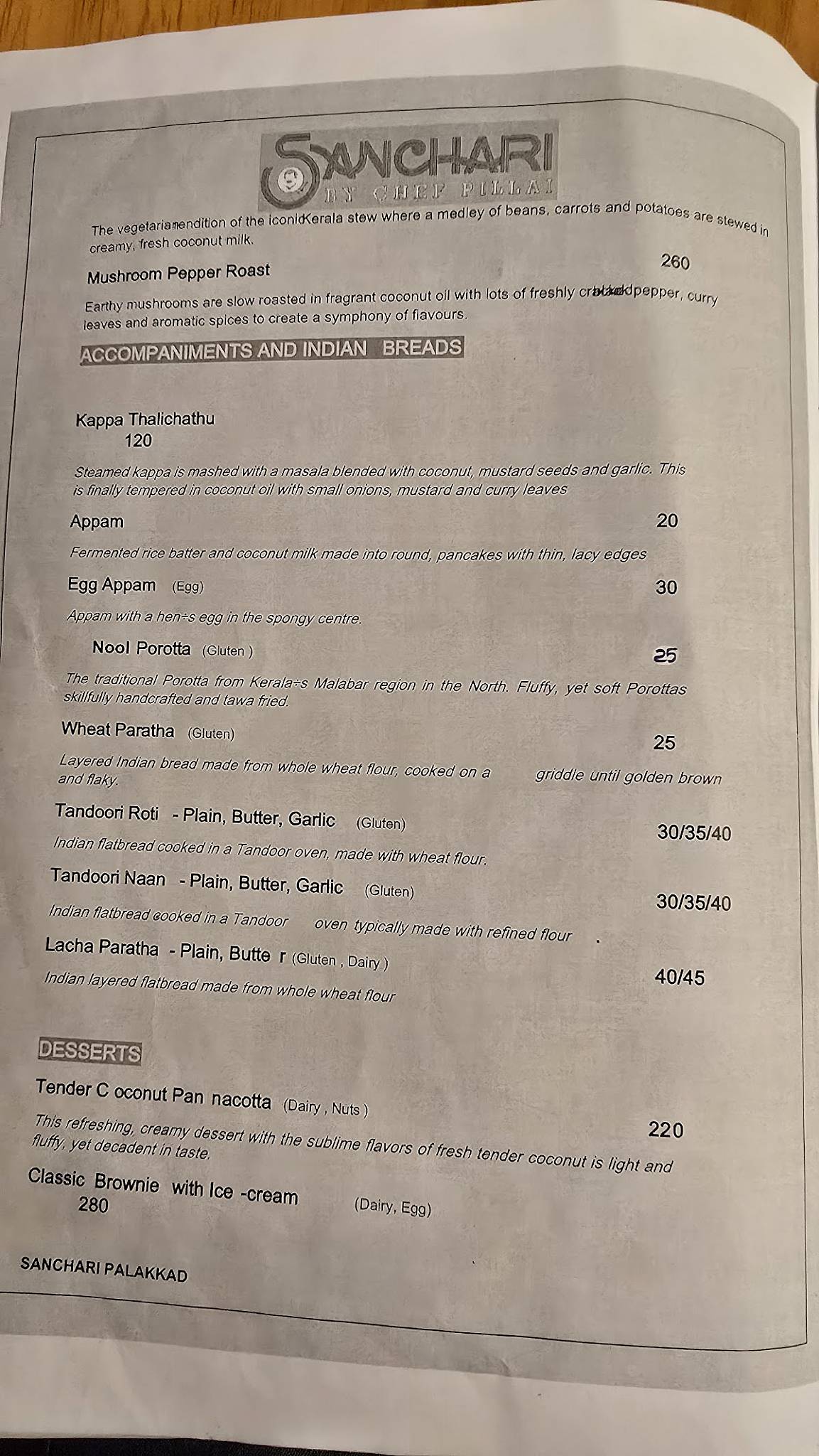 Sanchari by Chef Pillai Palakkad menu