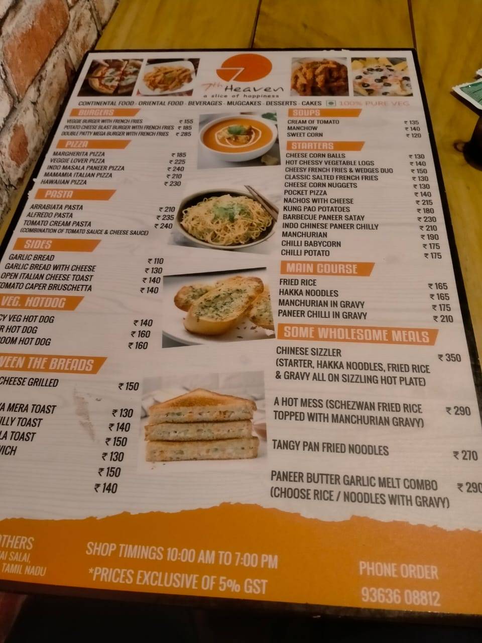 7th Heaven cafe Vellore menu