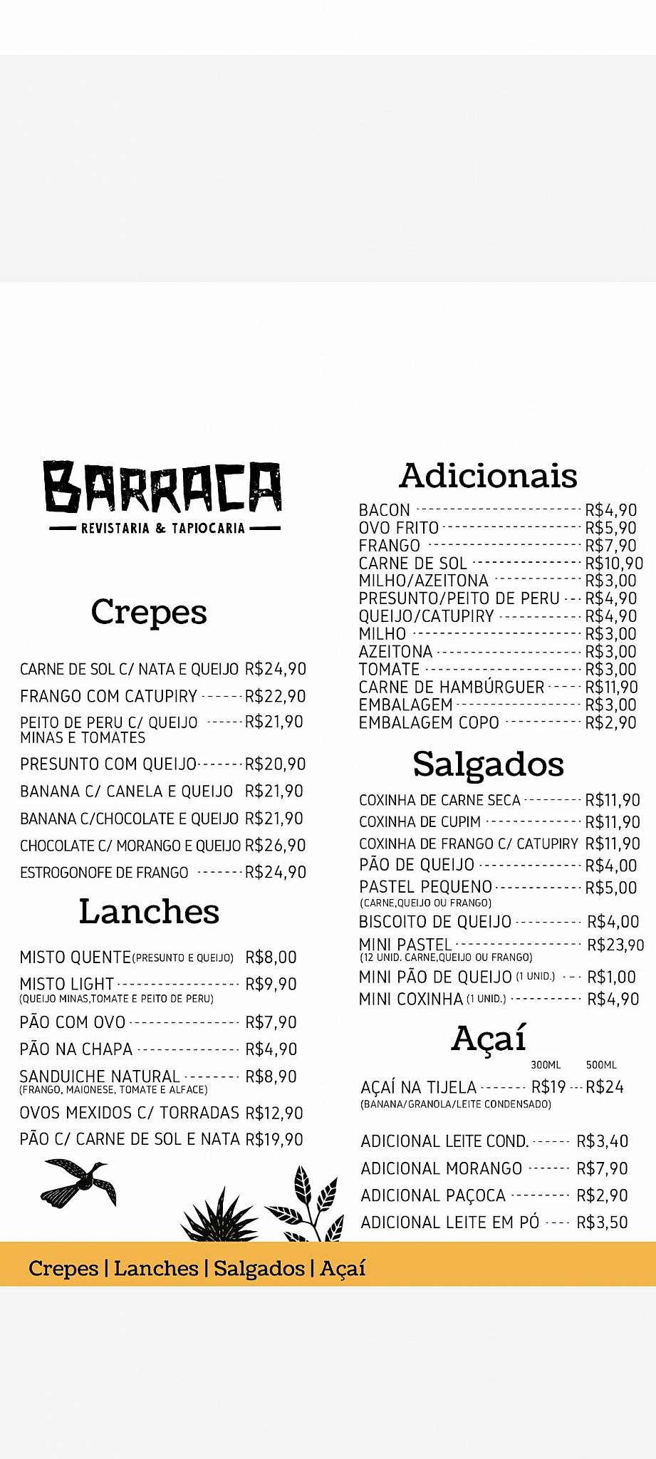 A Barraca cardápio
