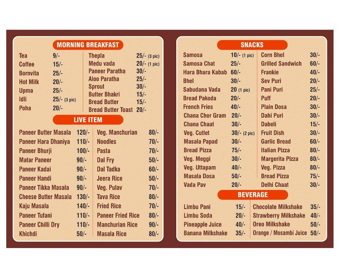 AASHIRVAD CAFETERIA menu