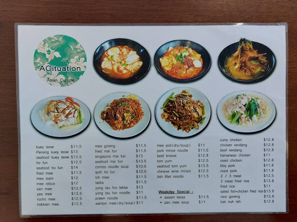Menu at ACituation restaurant, Willetton