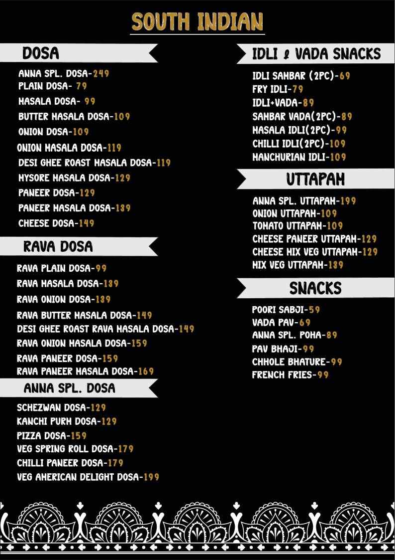 ANNA SOUTH INDIAN CHINESE FOOD CHAAT menu