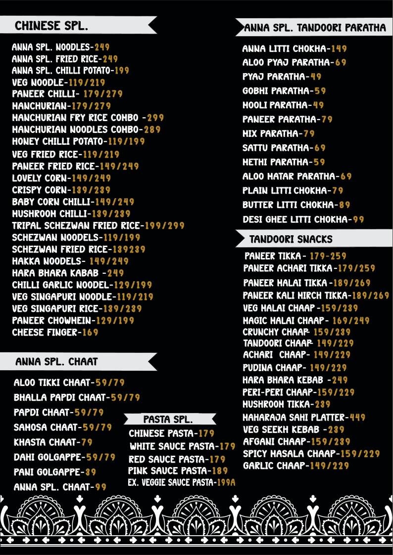 ANNA SOUTH INDIAN CHINESE FOOD CHAAT menu