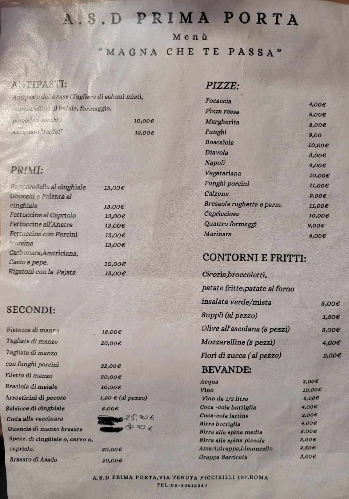 Menu di ASD Prima Porta 