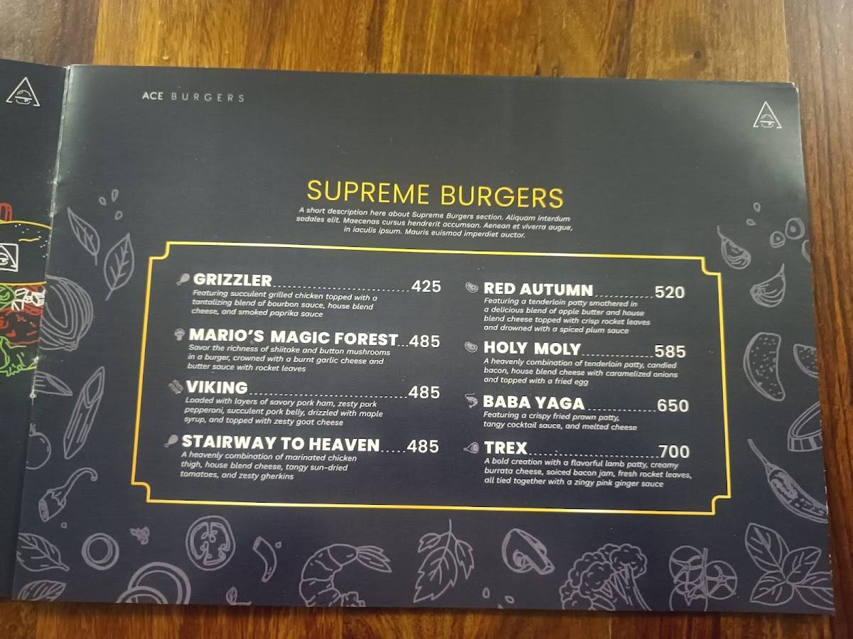 Ace Burgers menu