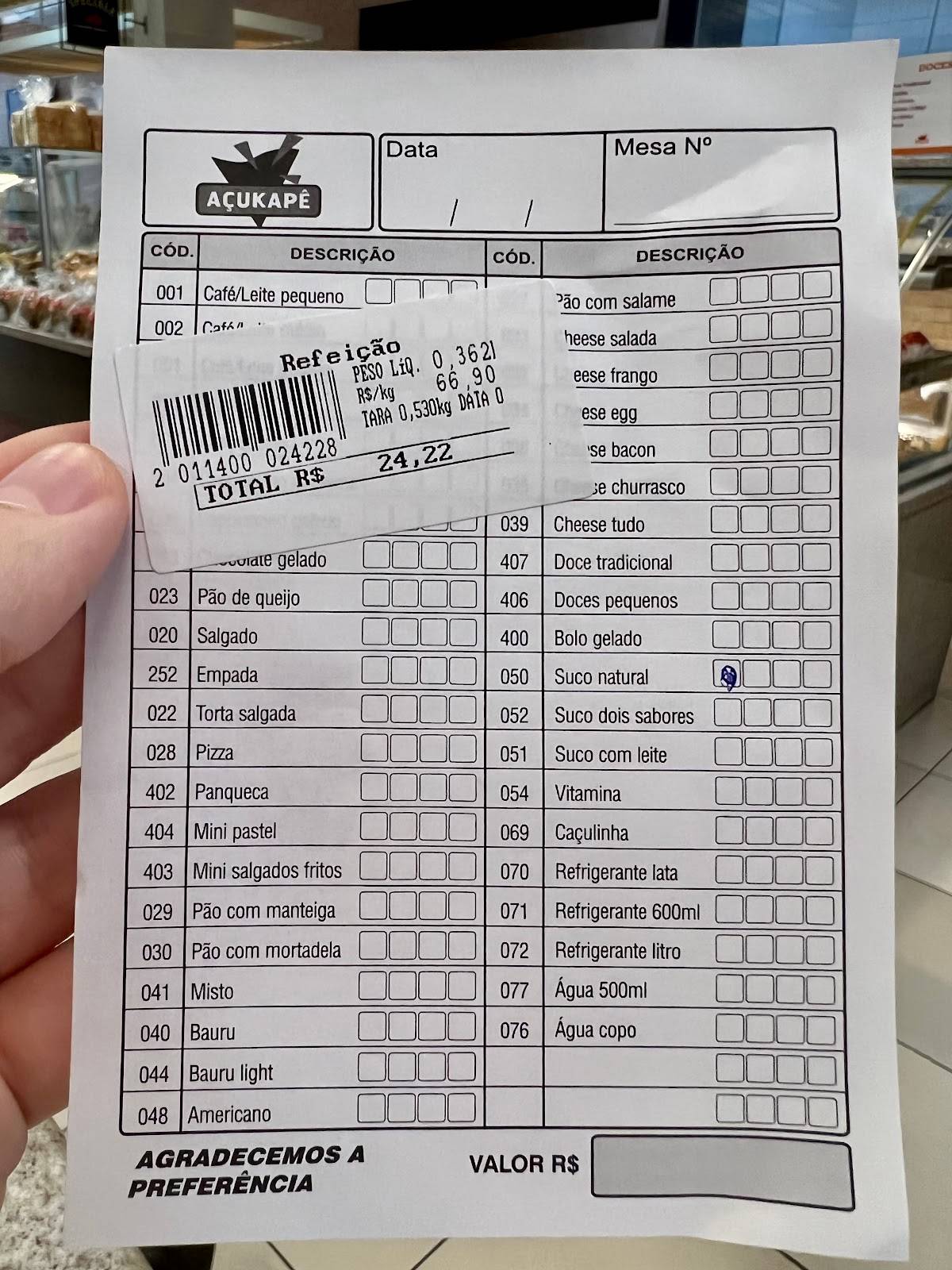Açukapê cardápio