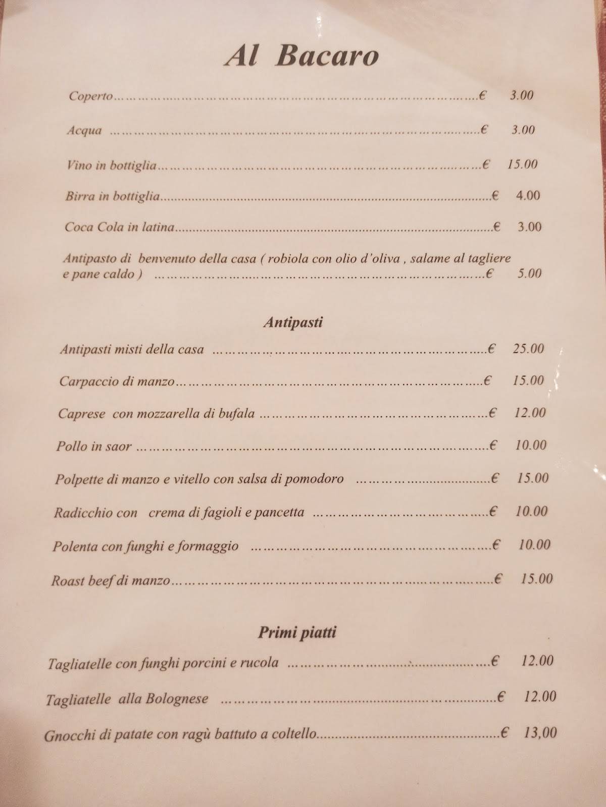 Menu di Al Bacaro Ristorante 