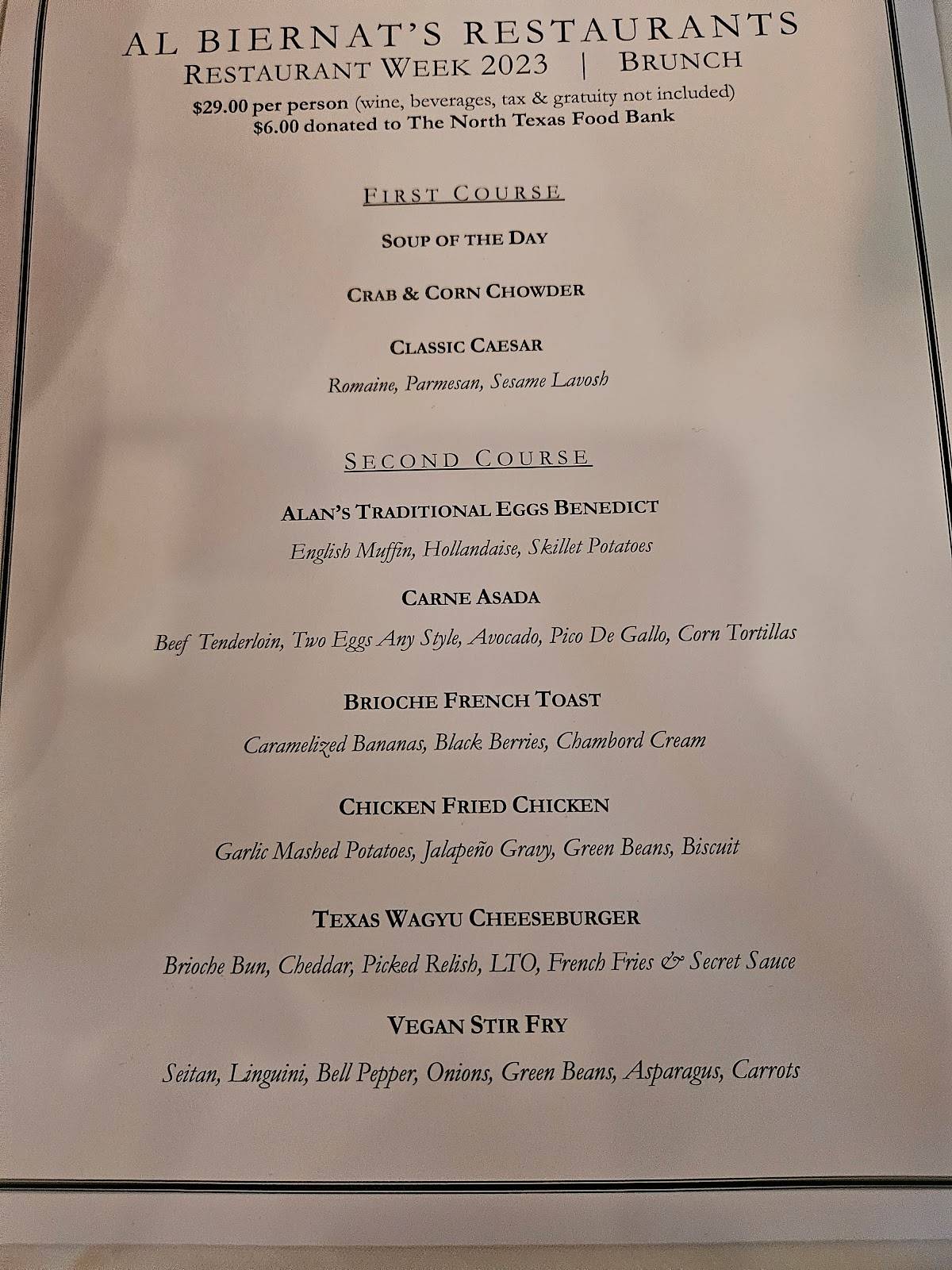 Menu at Al Biernat's Oak Lawn steakhouse, Dallas