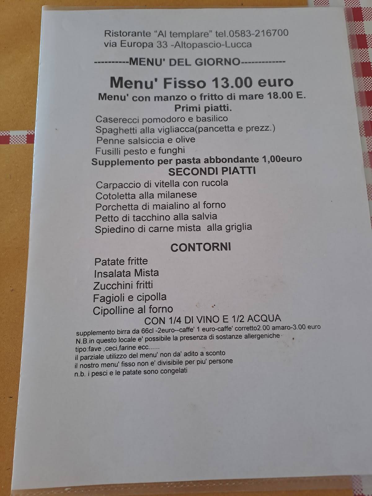Menu di Al Templare 
