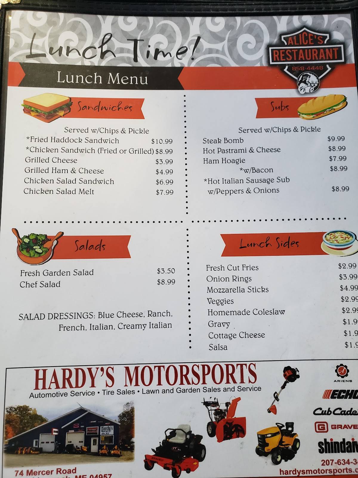 Menu at Alice's Restaurant, Skowhegan