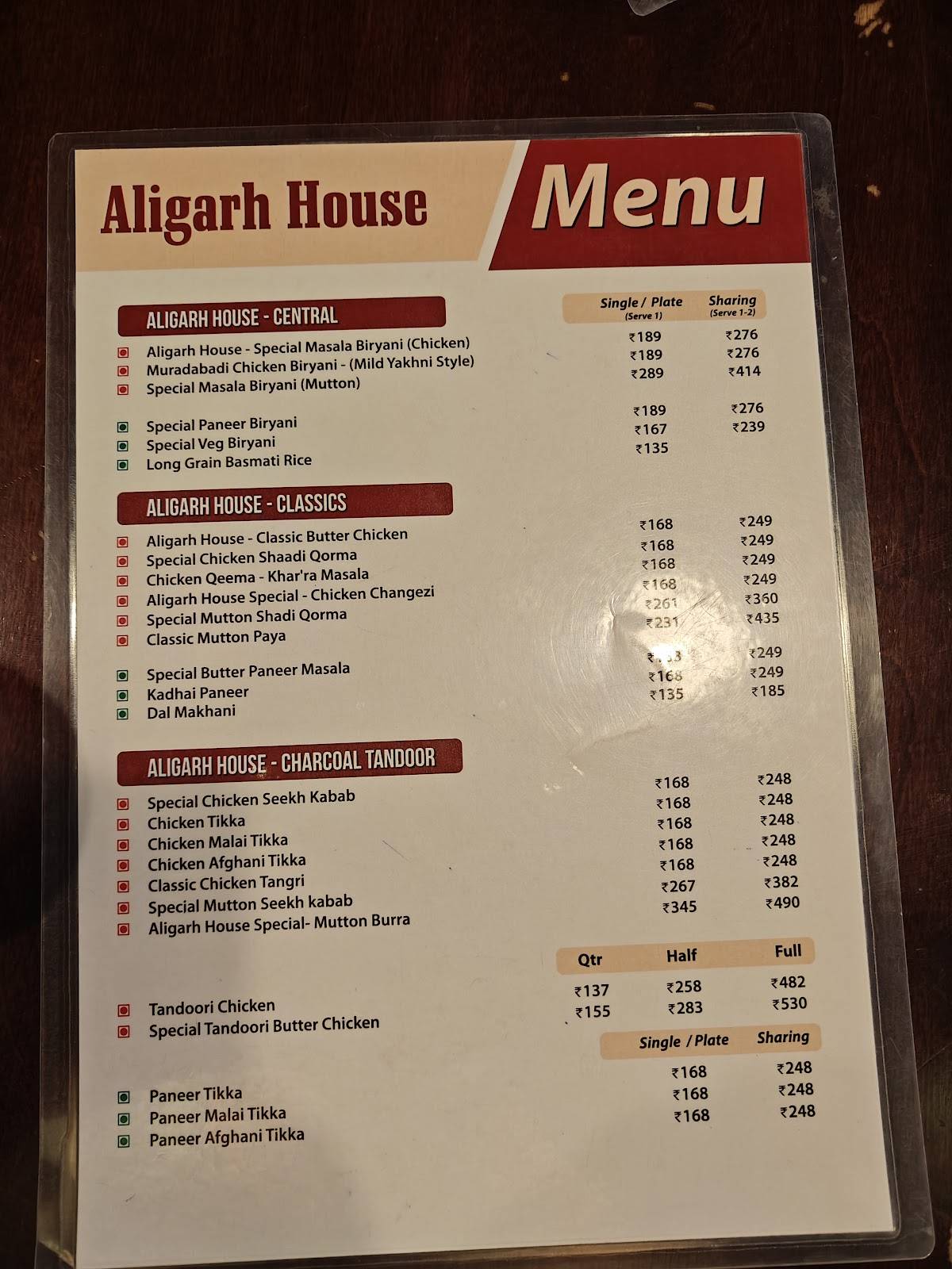 Aligarh House Restaurant - HSR menu