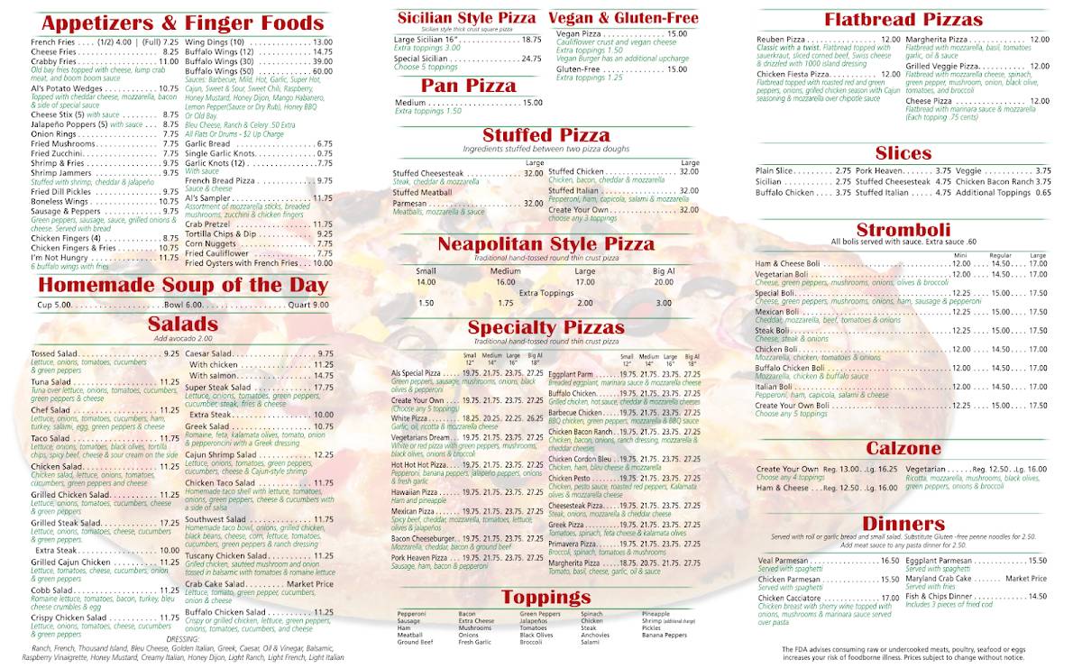 Menu at Al's Pizza pizzeria, Enola