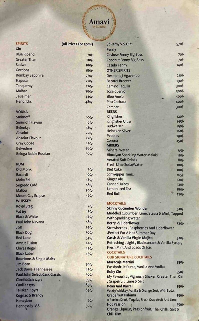 Amavi by Sumera menu