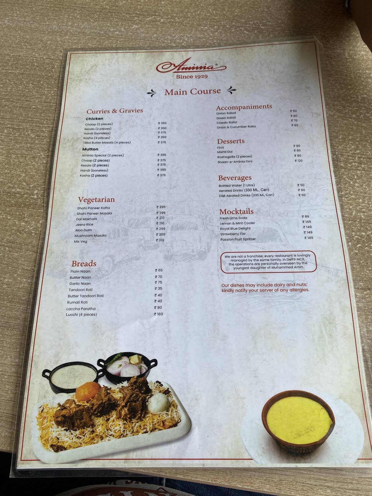 Aminia menu