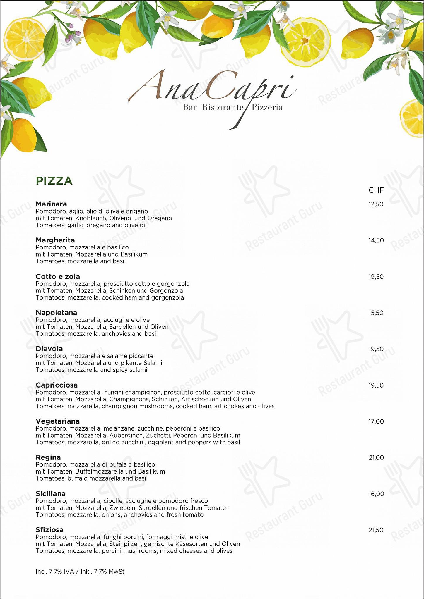 Menu di Ristorante Anacapri Lugano - At Home Catering Menu