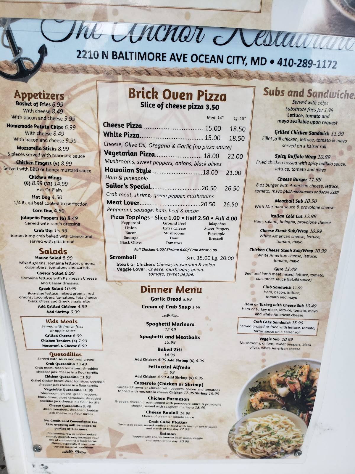 Menu at Anchor Restaurant, Ocean City