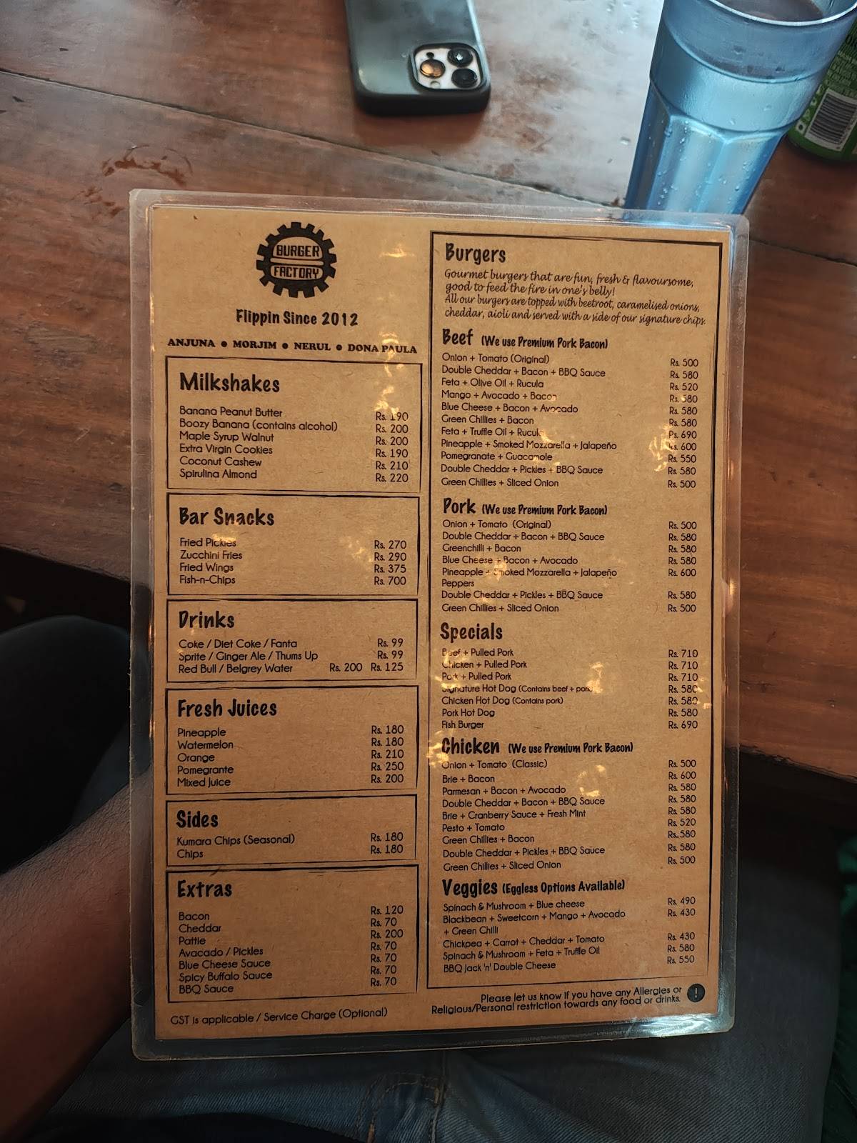 Burger Factory menu